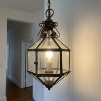 Vintage French Patinated Bronze and Glass Hexagonal Lantern Hanging Lamp with Faux Candle Pair of Two DAMAGED c1950-60's / EVE