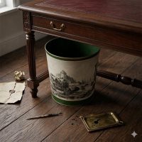 Vintage French Dark Green metal Waste Paper Bin with Cityscape Illustration Print c1940s / EVE