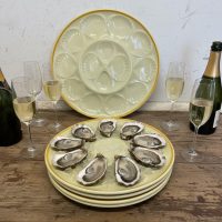 Vintage French Ceramic Oyster Set of 6 and one XL Serving Plate with Scallop Shell Indentations by Moulins Loups Orchies c1950's / EVE