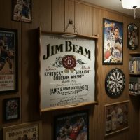 Vintage USA French Wooden Tray with Vintage Jim Beam Kentucky Bourbon Whiskey advertising Sign Mirror Man Cave Decor circa 1980-90's / EVE