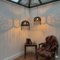 Vintage French Extra Small Black Gold Crochet Pendant Lampshades with Beaded Fringe Set of Two CHECK SIZE in Listing c1950-60's / EVE