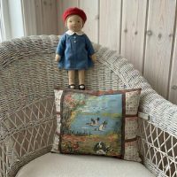 Vintage French Small Repurposed 1964 Calendar Tea Towel Cushion Fishing Hunting Dog with a Rabbit and a Scenic Waterfowl Pillow c1964 / EVE