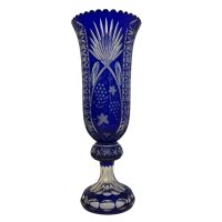 Alternative view of Vintage Bohemian Central European Large Cobalt Cut to Clear Crystal Pedestal Vase c1960s / EVE