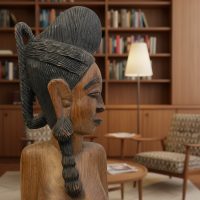 Vintage African MCM Hand Carved Wooden Bust of an African Woman with Intricate Headdress c1960s / EVE
