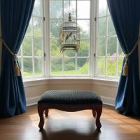 Vintage French Victorian Style Upholstered Black Footstool with Carved Wooden Legs and Nailhead Trim 1990-2000s / EVE