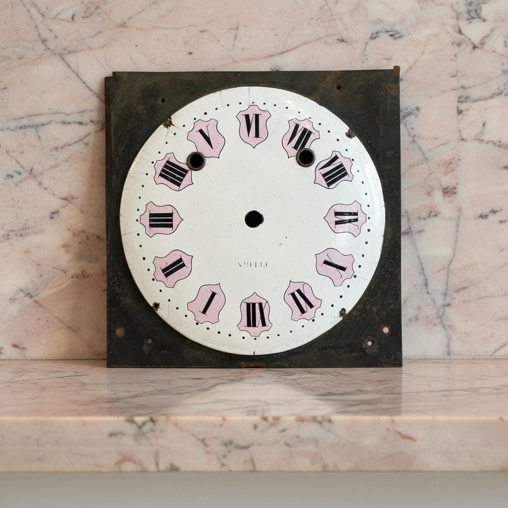 Antique French Enamel Clock Face with Pink Roman Numerals and Metal Backing Clock Timepiece For Spares Repairs 1900’s / EVE Antique French Enamel Clock Face with Pink Roman Numerals and Metal Backing Clock Timepiece For Spares Repairs 1900's / EVE