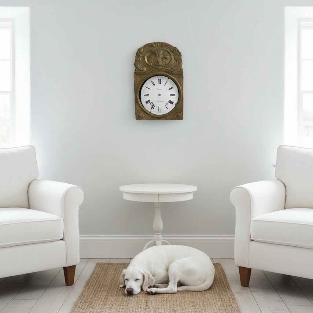 Antique French Comtoise Clock Dial and Worn Brass Wheat Shaft Surround by Sauvage from Chateauroux Cracked Enamel DAMAGE c1820s / EVE Antique French Comtoise Clock Dial and Worn Brass Wheat Shaft Surround by Sauvage from Chateauroux Cracked Enamel DAMAGE c1820s / EVE
