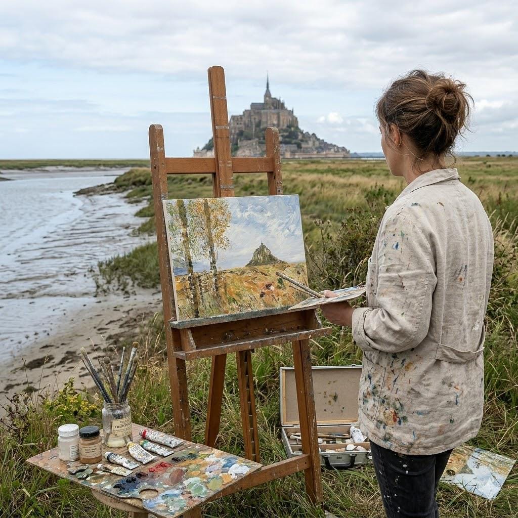 Vintage French Impressionistic Oil Painting of Mont Saint Michel Classical Scene Canvas Wall Decor signed by M Marie circa 1990’s / EVE Vintage French Impressionistic Oil Painting of Mont Saint Michel Classical Scene Canvas Wall Decor signed by M Marie circa 1990's / EVE