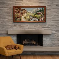 Vintage French Margot Creations de Paris Needlepoint Tapestry of an Alpine Village circa 1960-70's / EVE of Europe