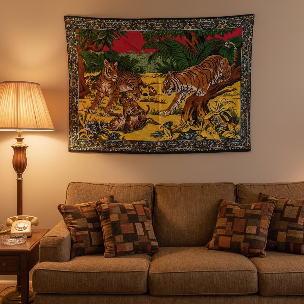 Vintage Turkish Tiger Family Jungle Scene Tapestry Bright Colours c1970’s / EVE Vintage Turkish Tiger Family Jungle Scene Tapestry Bright Colours c1970's / EVE
