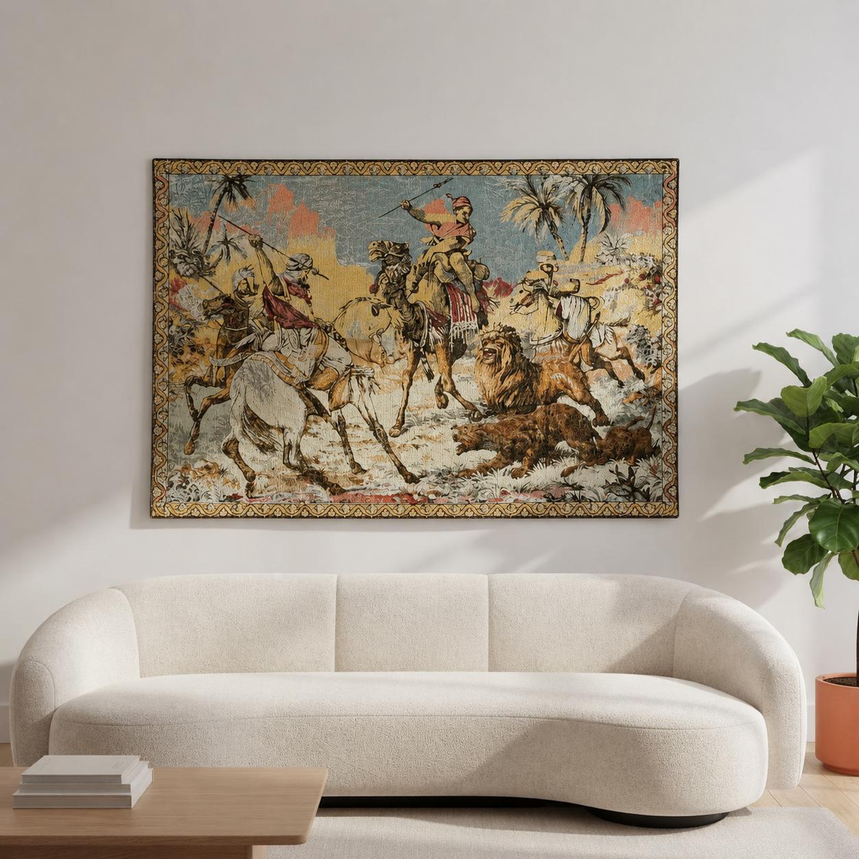 Vintage Tunisian Velvet Tapestry Depicting a Hunting Scene with Men Camels Horses, and Lions c1970’s / EVE Vintage Tunisian Velvet Tapestry Depicting a Hunting Scene with Men Camels Horses, and Lions c1970's / EVE