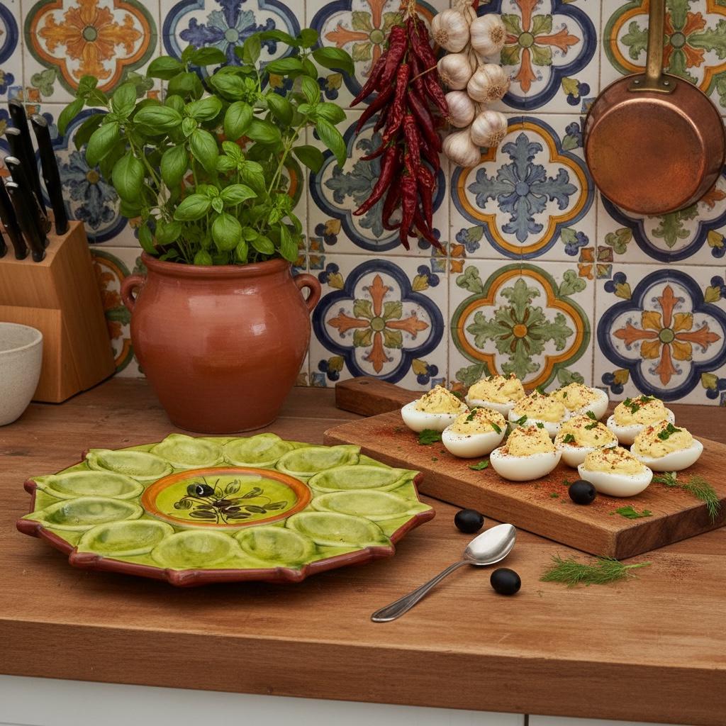Vintage Spanish Green Hand Painted Ceramic Deviled Egg Platter with an Olive Branch Motif c1970’s / EVE Vintage Spanish Green Hand Painted Ceramic Deviled Egg Platter with an Olive Branch Motif c1970's / EVE