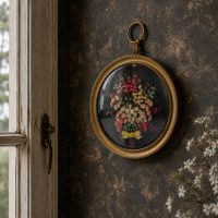 Vintage French Gold Plastic Framed Dried Flower Bouquet under Domed Glass Wall Decor c1960's / EVE