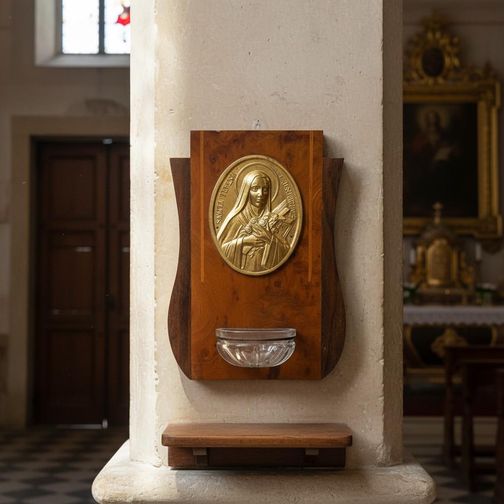 Vintage French Holy Water Font with a Glass Font and Brass Medallion on Wood circa 1950’s / EVE Vintage French Holy Water Font with a Glass Font and Brass Medallion on Wood circa 1950's / EVE