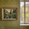 Vintage French Impressionistic River Landscape Painting with Cliffs and a Boat in Heavy Frame Signed c1930's / EVE