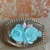 Vintage French Carved Lucite Blue Rose Brooch with Gold Tone Metal Setting Miniature Badge Jewellery 1940s / EVE