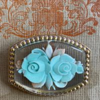 Vintage French Carved Lucite Blue Rose Brooch with Gold Tone Metal Setting Miniature Badge Jewellery 1940s / EVE