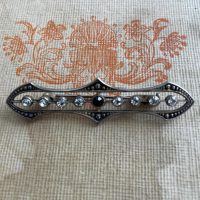 Antique French Art Deco paste and silver-tone bar brooch with central black stone Miniature Badge Patina Jewellery 1920s / EVE