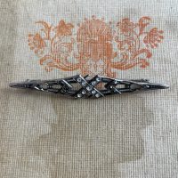Antique French Art Deco Art Deco Sterling Silver Bar Pin with Marcasite and Onyx Stones Miniature Badge Patina Jewellery 1920s / EVE