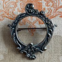 Antique French  Ornate Sterling Silver Floral Brooch with an Open Round Frame Miniature Badge Patina Jewellery 1890s / EVE