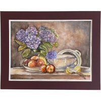 Vintage French Watercolor Still Life Painting of Hydrangeas Fruit and a Tureen in a dark red Passepartout by Alain Dellieux 2000's / EVE