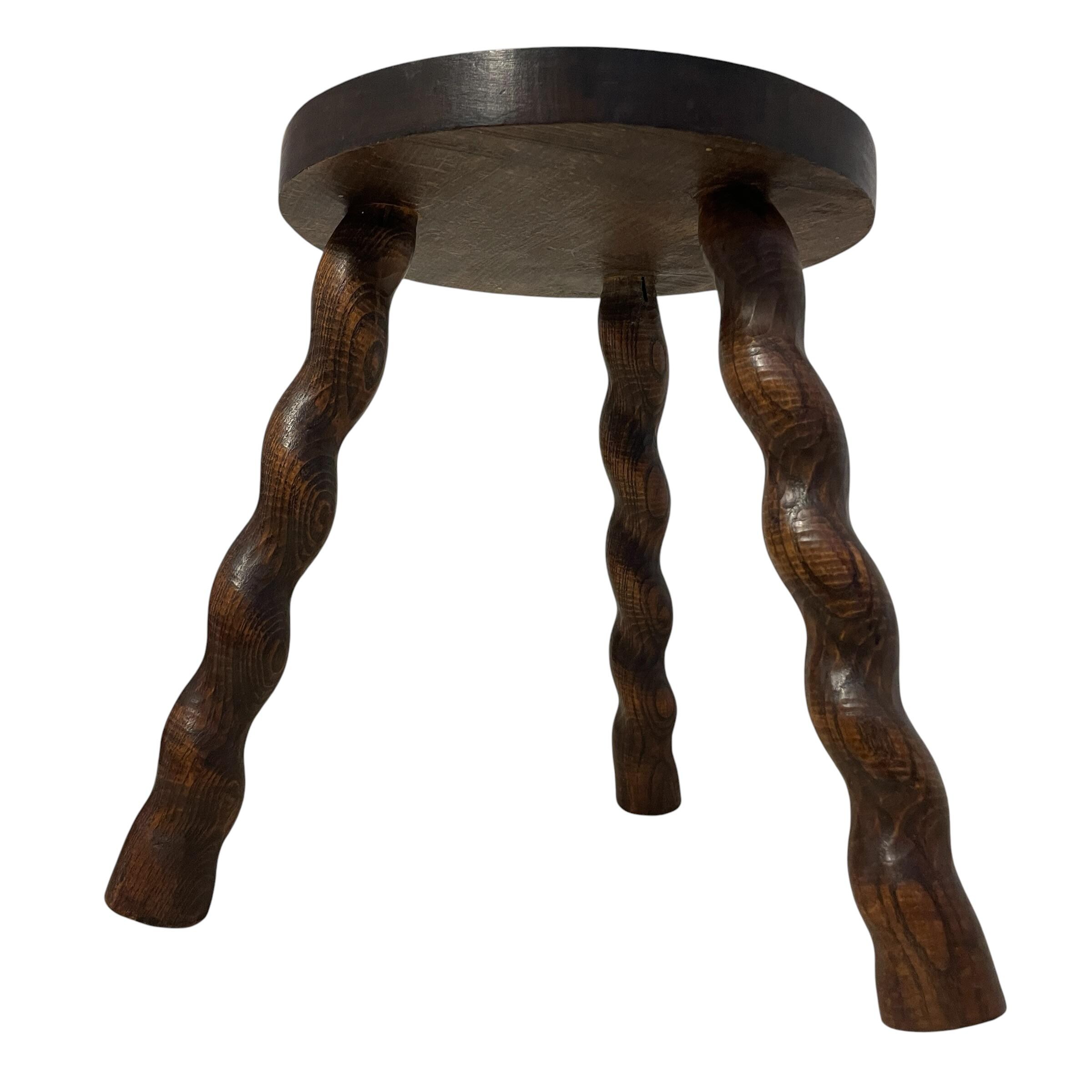 Vintage French Wooden Tripod Stool with Twisty Spiral Legs and Round Top Stand Plinth Table Tripod Tabouret Warped Top c1960’s / EVE Vintage French Wooden Tripod Stool with Twisty Spiral Legs and Round Top Stand Plinth Table Tripod Tabouret Warped Top c1960's / EVE