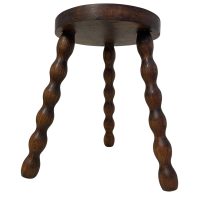 Vintage French Wooden Tripod Stool with Turned Bobbin Legs and Round Top Stand Plinth Table Tripod Tabouret Warped Top c1960's / EVE
