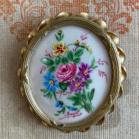 Antique French Limoges Porcelain Brooch Signed by Euget Featuring a Hand Painted Floral Miniature Badge Wear to Patina Jewellery 1900s / EVE