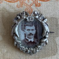 Antique French  Silver Plated Photo Brooch with a Portrait of a Man Miniature Badge Patina Jewellery Clasp Not Functional 1910 / EVE