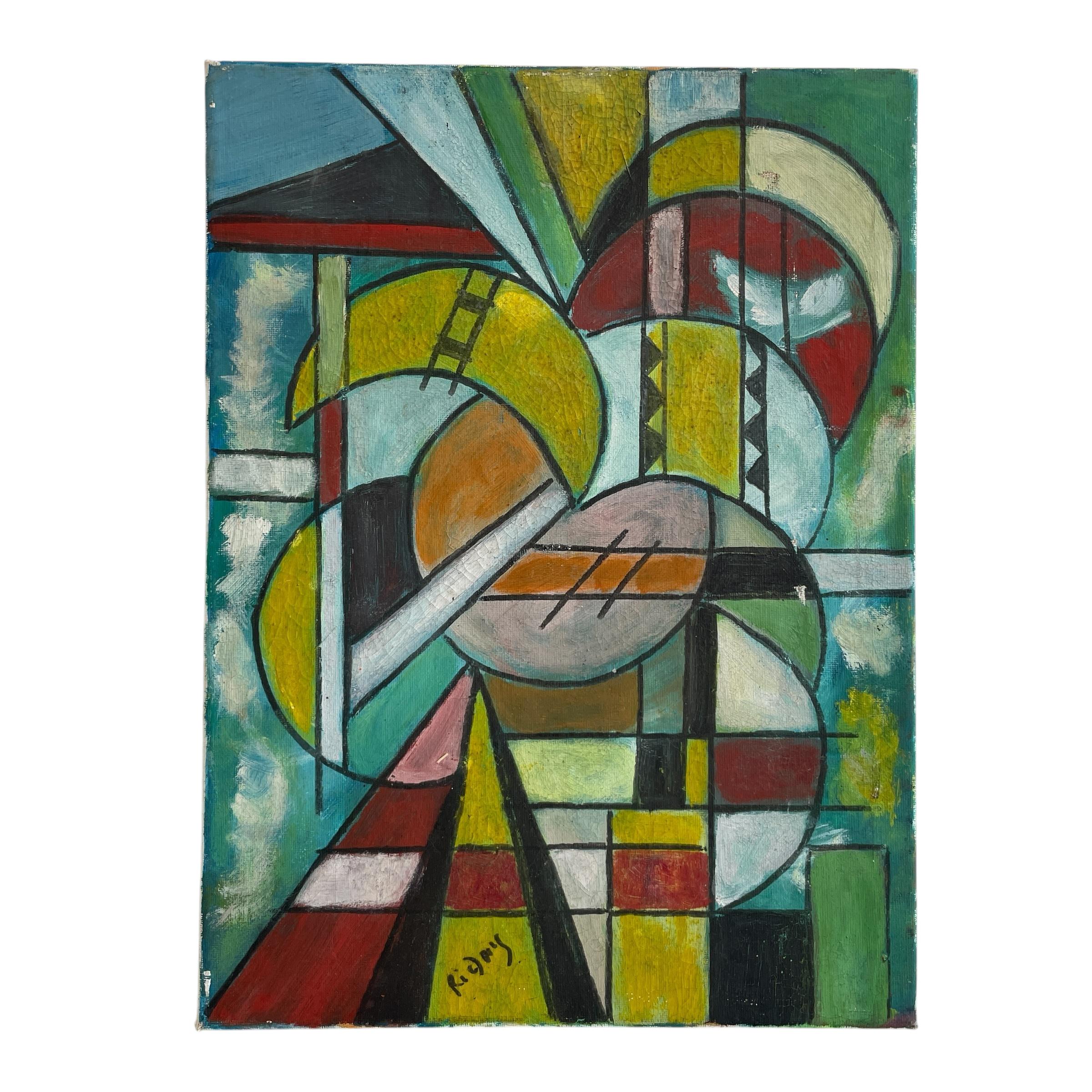 Vintage French Abstract Acrylic Painting with Geometric and Curved Forms signed Riclnig circa 1980’s / EVE Vintage French Abstract Acrylic Painting with Geometric and Curved Forms signed Riclnig circa 1980's / EVE