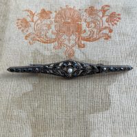 Antique French Art Deco Art Deco Sterling Silver Bar Pin with Pearl and Marcasite Stones Miniature Badge Patina Jewellery 1920s / EVE