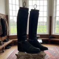 Antique English Black Leather Military Style Riding Boots with Ankle Straps with Wooden Trees 1930's / EVE