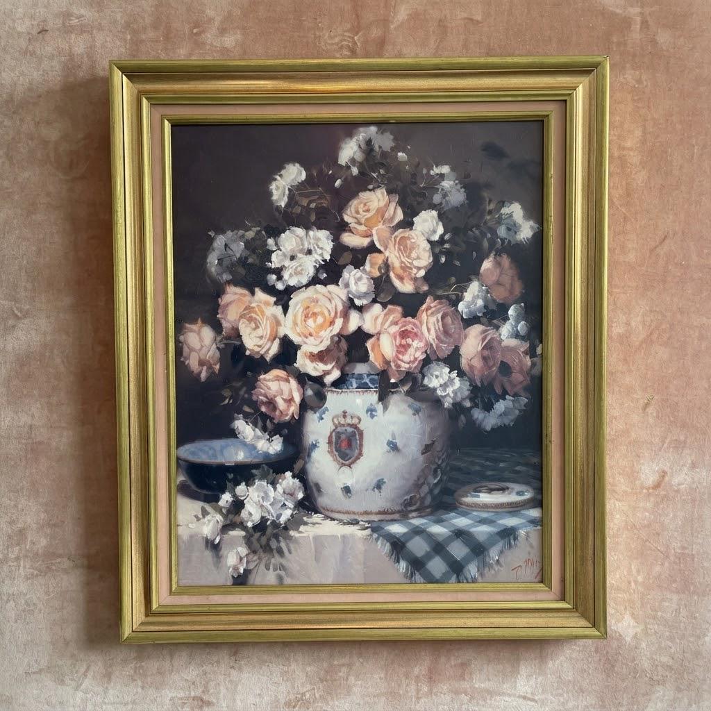 Vintage French Decorative Oil Painting of a Floral Bouquet in a Chinoiseries Vase Gold Vase Signed T Morel 2000’s / EVE Vintage French Decorative Oil Painting of a Floral Bouquet in a Chinoiseries Vase Gold Vase Signed T Morel 2000's / EVE