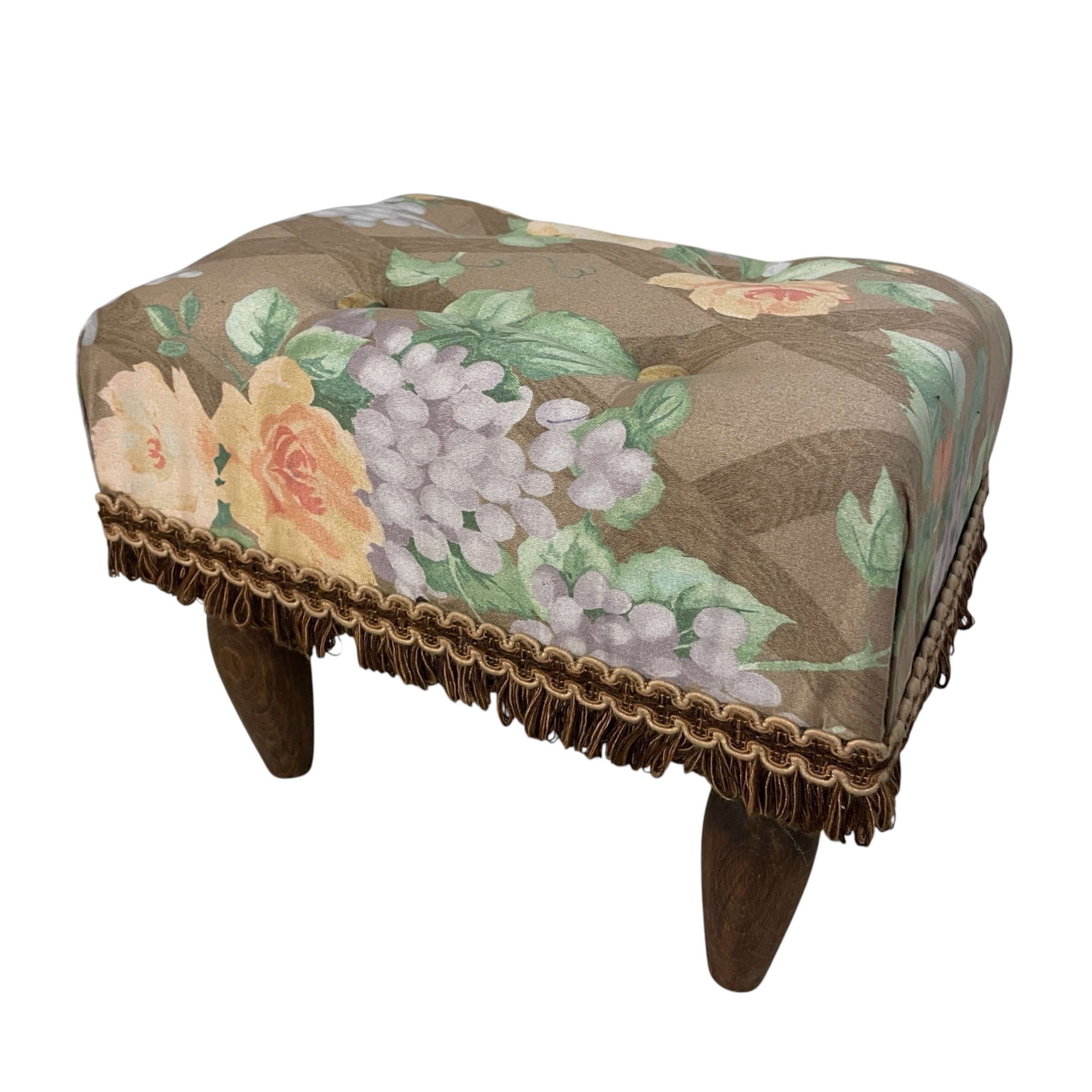 Vintage French Tufted Floral Tapestry Upholstered Footstool with Fringe Trim Cushioned Fabric Seat c1970’s / EVE 9 Vintage French Tufted Floral Tapestry Upholstered Footstool with Fringe Trim Cushioned Fabric Seat c1970's / EVE - Image 9