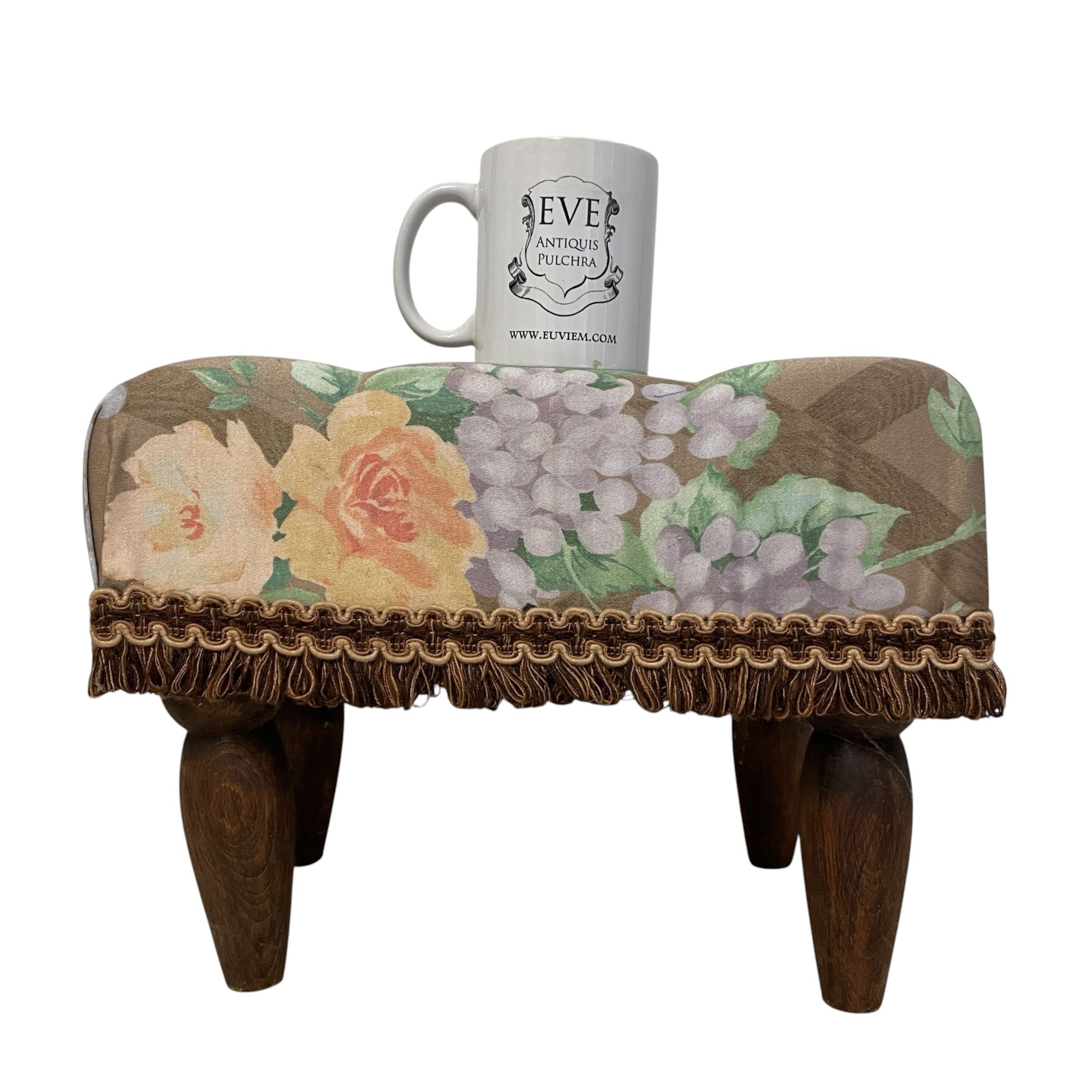 Vintage French Tufted Floral Tapestry Upholstered Footstool with Fringe Trim Cushioned Fabric Seat c1970’s / EVE 2 Vintage French Tufted Floral Tapestry Upholstered Footstool with Fringe Trim Cushioned Fabric Seat c1970's / EVE - Image 2