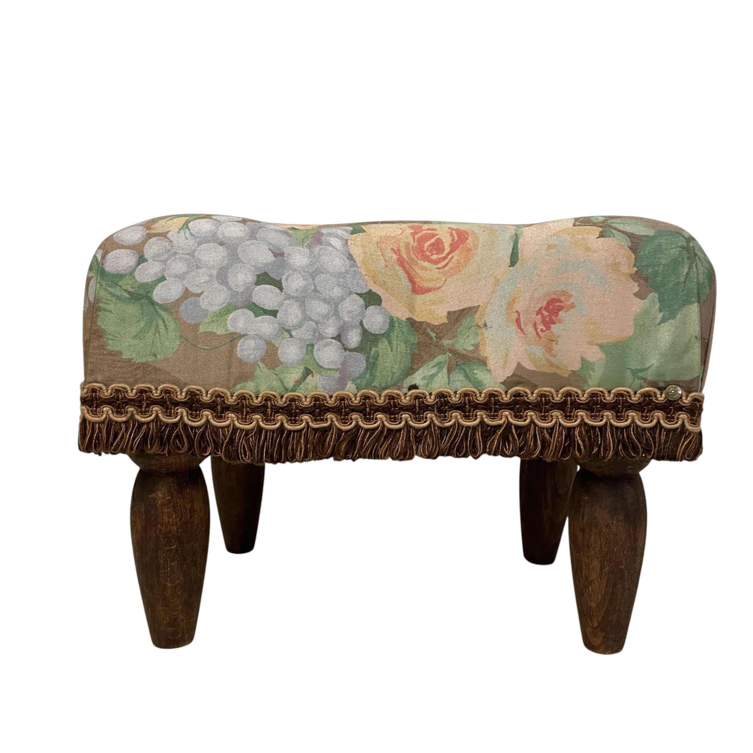 Vintage French Tufted Floral Tapestry Upholstered Footstool with Fringe Trim Cushioned Fabric Seat c1970’s / EVE 7 Vintage French Tufted Floral Tapestry Upholstered Footstool with Fringe Trim Cushioned Fabric Seat c1970's / EVE - Image 7