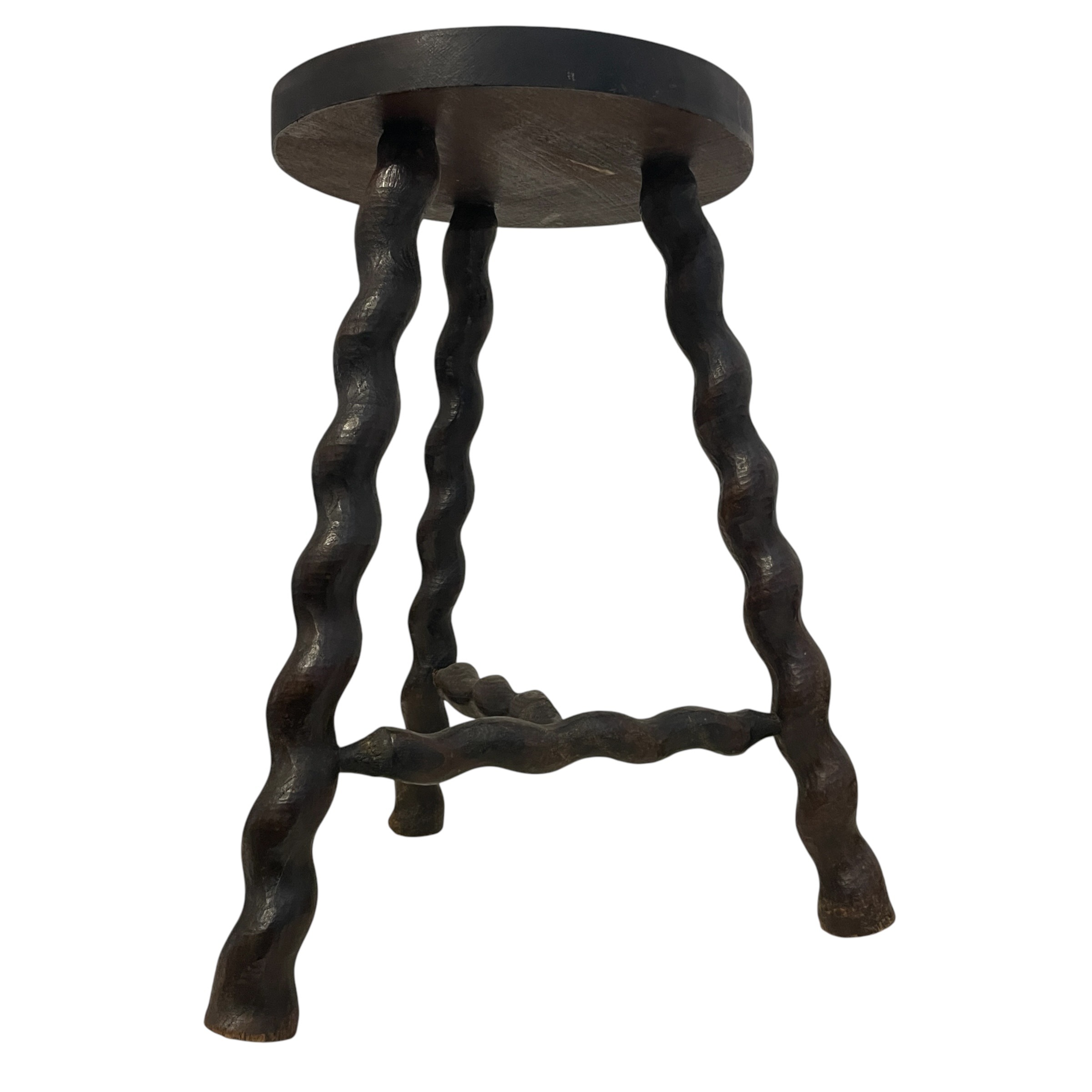 Vintage French Tripod Stool Chair Varnished Wood Milking Round Seat Twist T Brace Spiral Leg Rest Stand Plinth Tabouret c1960’s / EVE 3 Vintage French Tripod Stool Chair Varnished Wood Milking Round Seat Twist T Brace Spiral Leg Rest Stand Plinth Tabouret c1960's / EVE - Image 3
