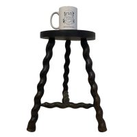 Alternative view of Vintage French Tripod Stool Chair Varnished Wood Milking Round Seat Twist T Brace Spiral Leg Rest Stand Plinth Tabouret c1960's / EVE