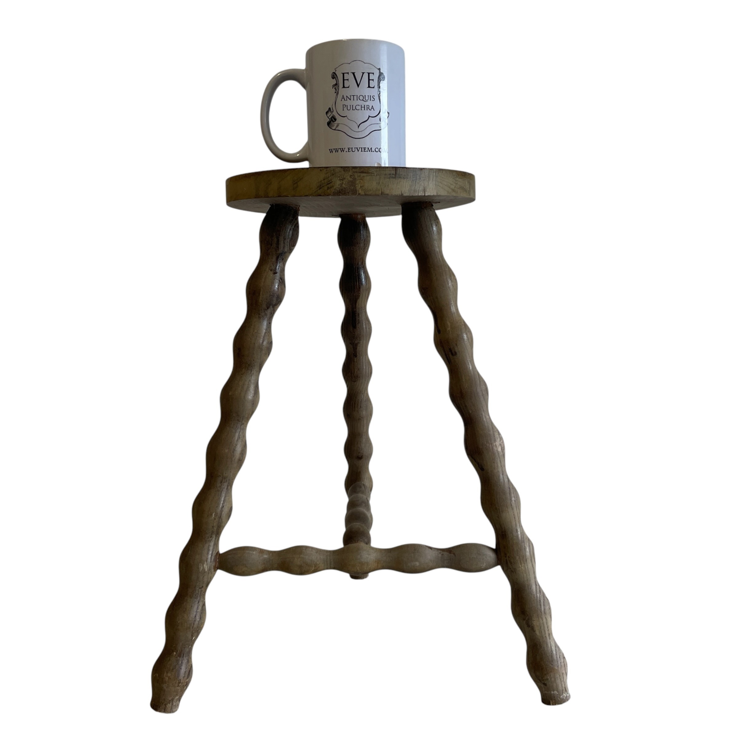 Vintage French Wooden Tripod Stool with Turned Bobbin Legs and Round Top Stand Plinth Table Tripod Tabouret T Brace c1960’s / EVE 2 Vintage French Wooden Tripod Stool with Turned Bobbin Legs and Round Top Stand Plinth Table Tripod Tabouret T Brace c1960's / EVE - Image 2