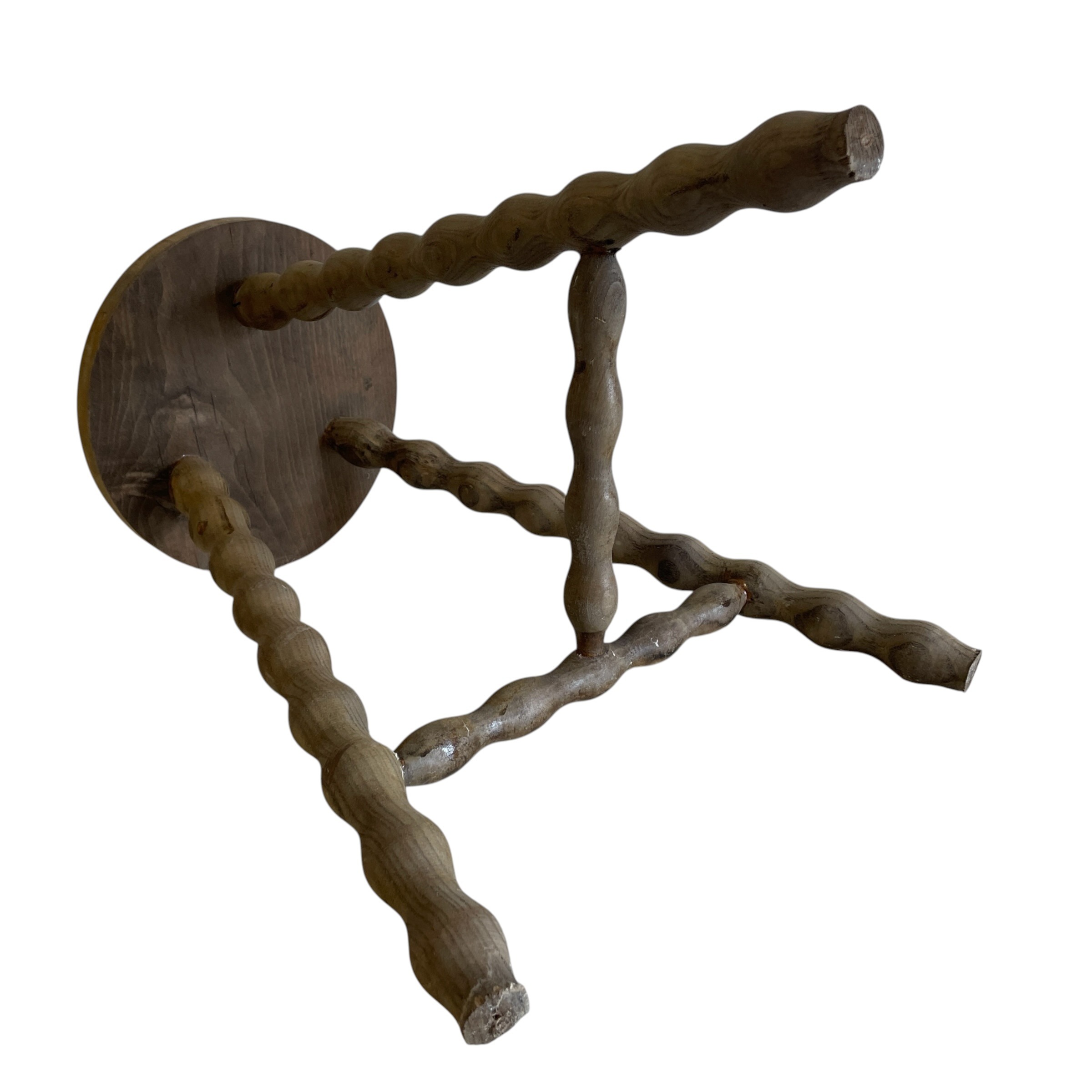 Vintage French Wooden Tripod Stool with Turned Bobbin Legs and Round Top Stand Plinth Table Tripod Tabouret T Brace c1960’s / EVE 7 Vintage French Wooden Tripod Stool with Turned Bobbin Legs and Round Top Stand Plinth Table Tripod Tabouret T Brace c1960's / EVE - Image 7