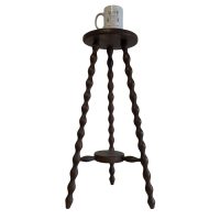 Alternative view of Vintage French Tall Wooden Tripod Stool with Turned Bobbin Legs with Middle Shelf and Round Top Stand Plinth Table Tripod c1960's / EVE
