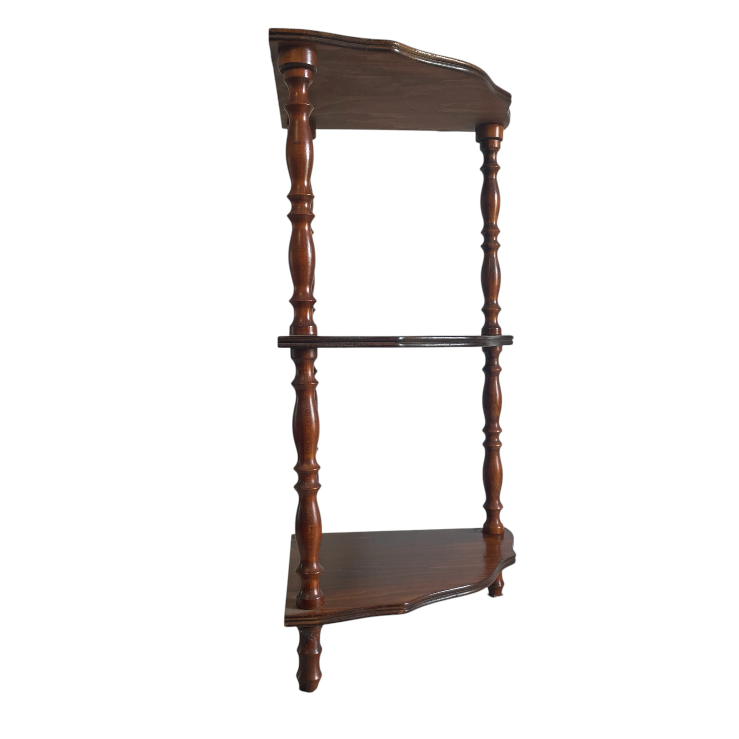 Vintage English Victorian Era Reproduction Three Tier Wooden Corner Wall Shelf c1950-60’s / EVE 4 Vintage English Victorian Era Reproduction Three Tier Wooden Corner Wall Shelf c1950-60's / EVE - Image 4