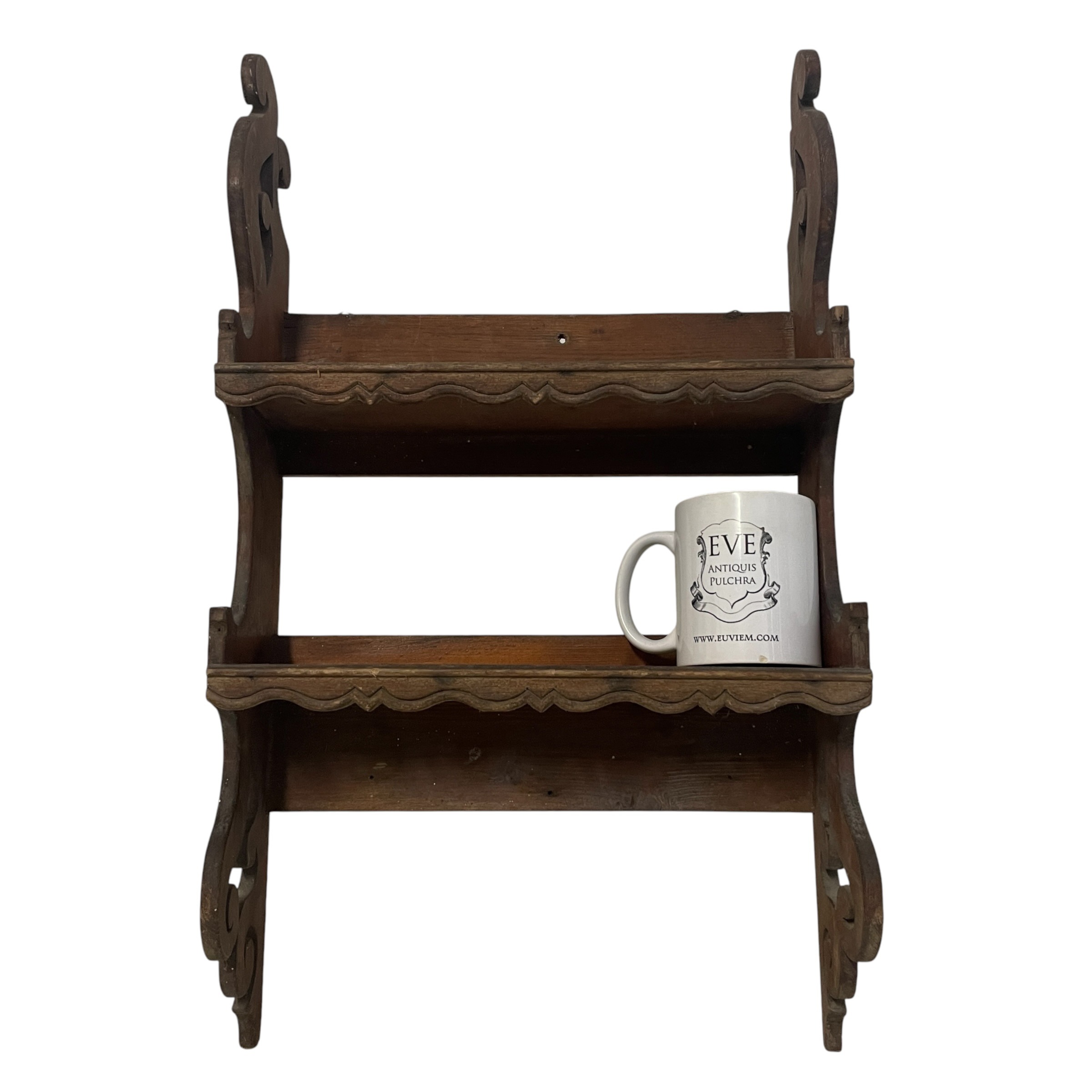 Vintage French Victorian Style Dark Stained Wooden Two Tier Fretwork Wall Shelf DAMAGED c1980s / EVE 2 Vintage French Victorian Style Dark Stained Wooden Two Tier Fretwork Wall Shelf DAMAGED c1980s / EVE - Image 2