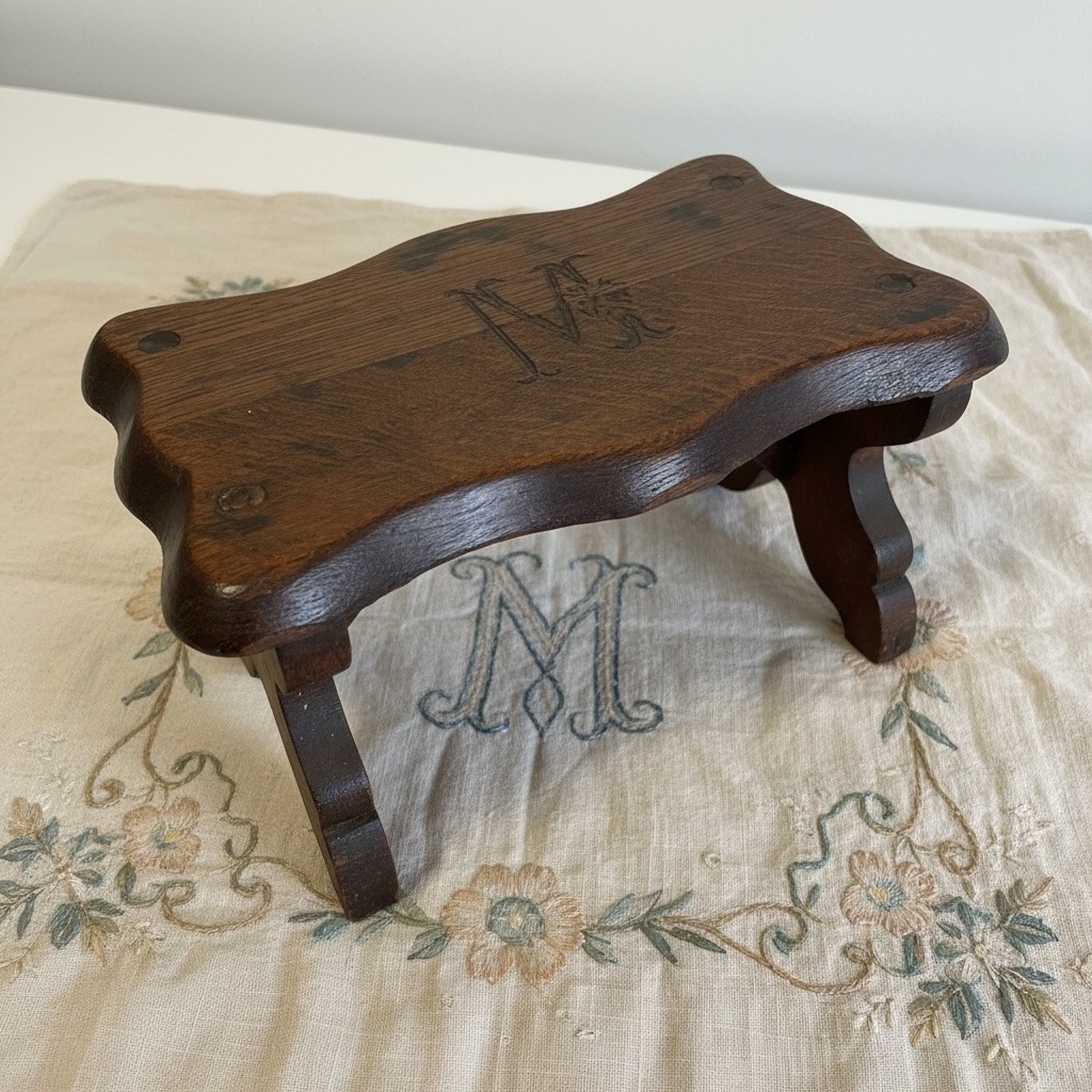Antique French Monogrammed with a Letter M Wooden Foot Stool with Scalloped Edges c1900’s / EVE