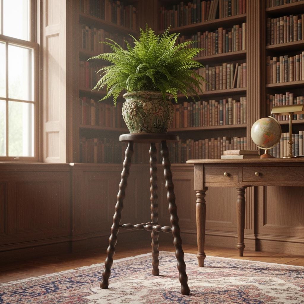 Vintage French Tall Wooden Tripod Stool with Turned Bobbin Legs and Round Top Stand Plinth Table Tripod Tabouret T Brace c1960’s / EVE