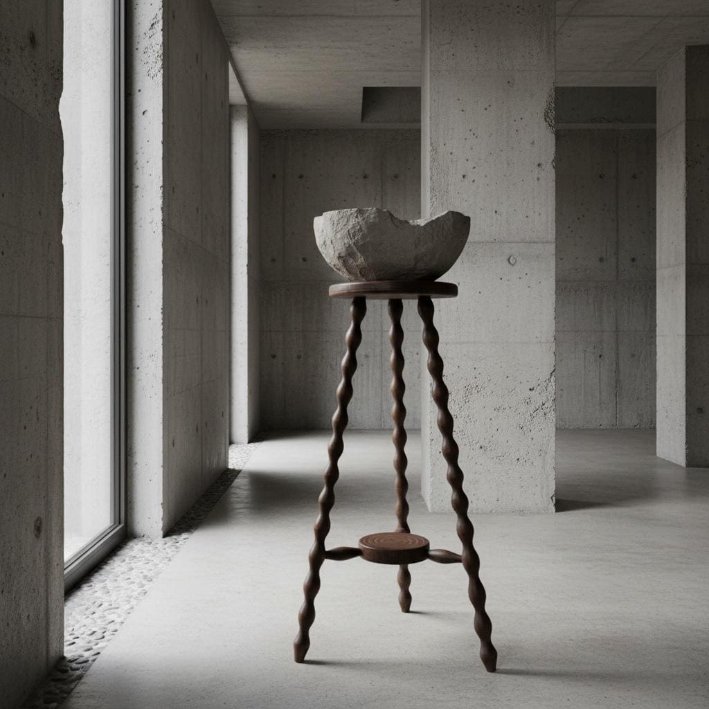 Vintage French Tall Wooden Tripod Stool with Turned Bobbin Legs with Middle Shelf and Round Top Stand Plinth Table Tripod c1960’s / EVE