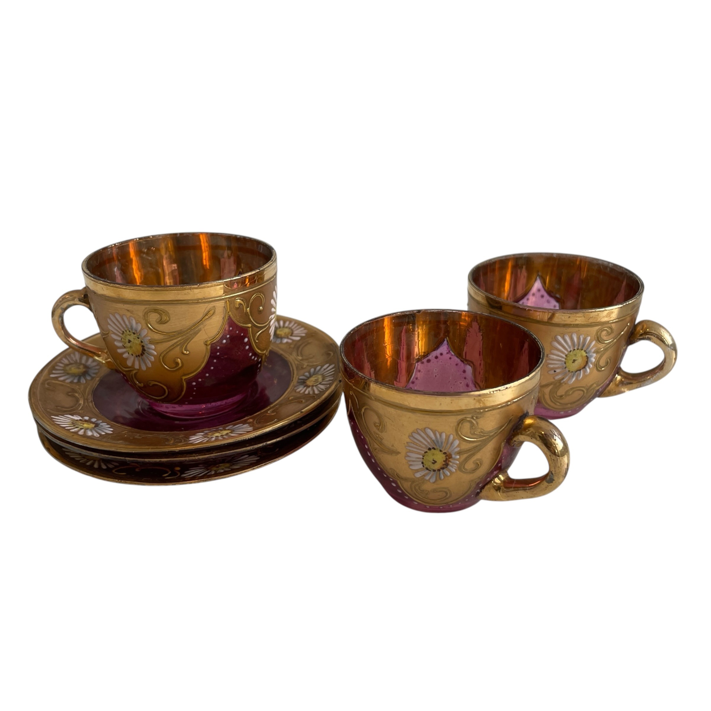 Antique Bohemian Cranberry Glass Demitasse Tea Cup Saucer Set with Heavy Gilding and Enamel Daisies Decor c1900’s / EVE 3 Antique Bohemian Cranberry Glass Demitasse Tea Cup Saucer Set with Heavy Gilding and Enamel Daisies Decor c1900's / EVE - Image 3