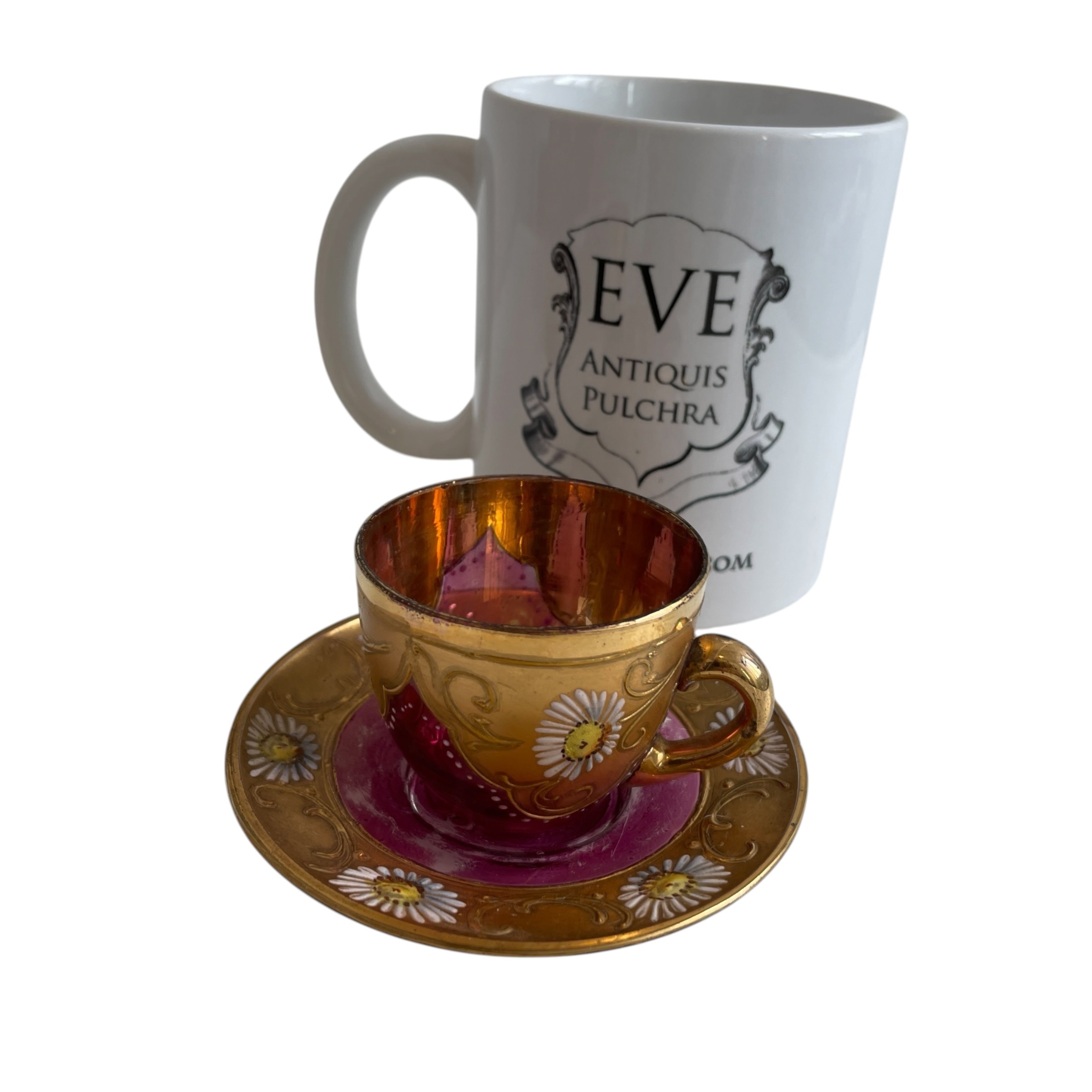 Antique Bohemian Cranberry Glass Demitasse Tea Cup Saucer Set with Heavy Gilding and Enamel Daisies Decor c1900’s / EVE 2 Antique Bohemian Cranberry Glass Demitasse Tea Cup Saucer Set with Heavy Gilding and Enamel Daisies Decor c1900's / EVE - Image 2