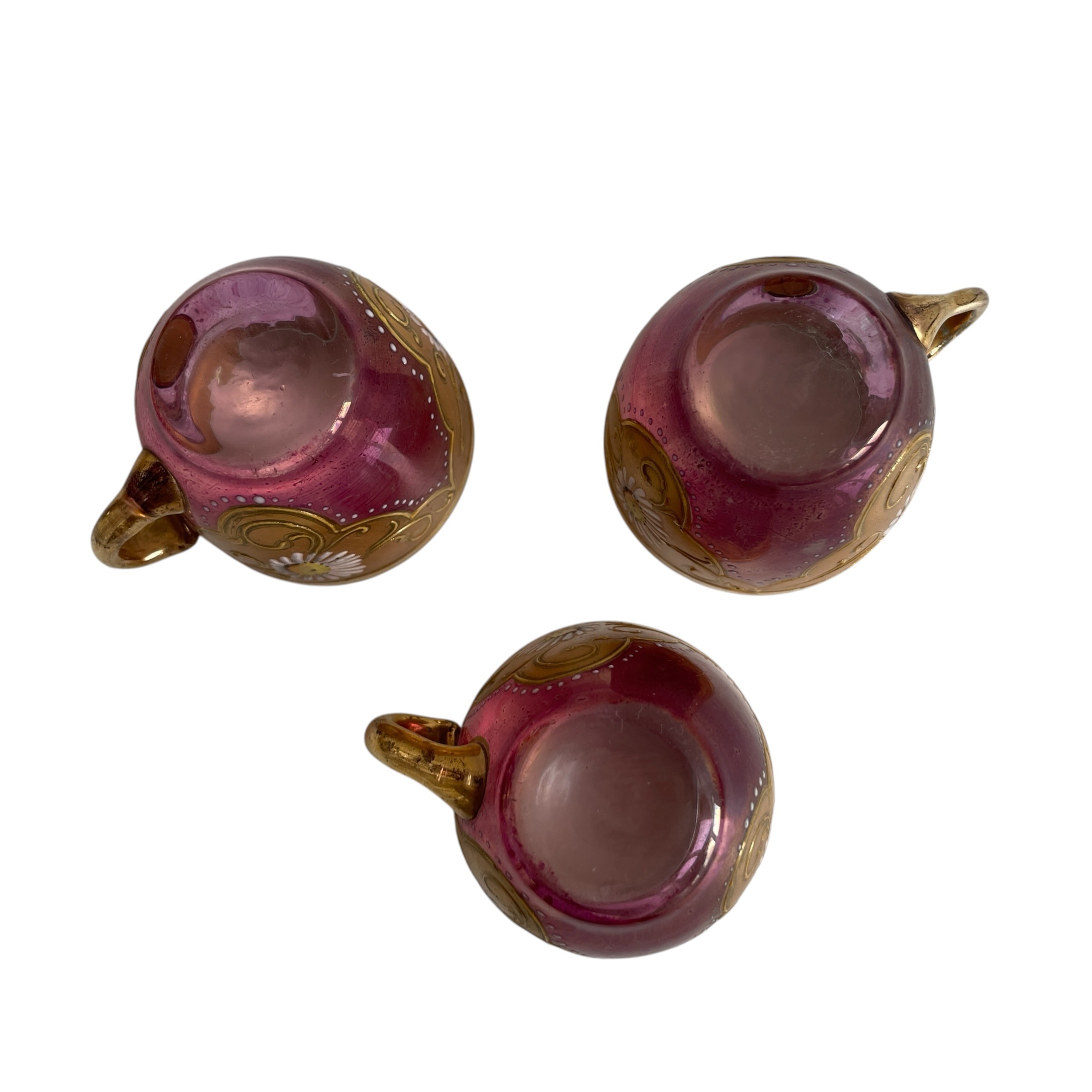 Antique Bohemian Cranberry Glass Demitasse Tea Cup Saucer Set with Heavy Gilding and Enamel Daisies Decor c1900’s / EVE 9 Antique Bohemian Cranberry Glass Demitasse Tea Cup Saucer Set with Heavy Gilding and Enamel Daisies Decor c1900's / EVE - Image 9