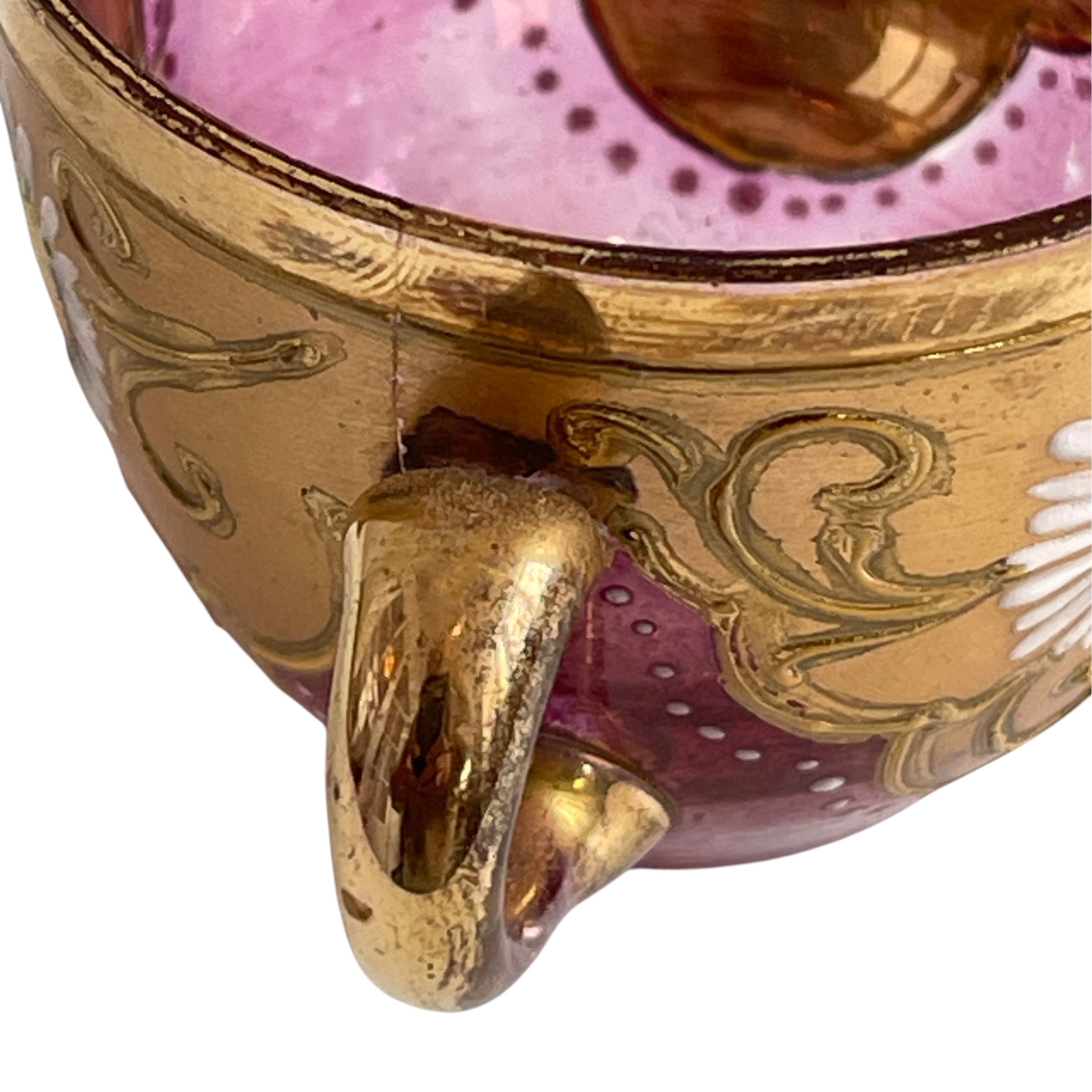 Antique Bohemian Cranberry Glass Demitasse Tea Cup Saucer Set with Heavy Gilding and Enamel Daisies Decor c1900’s / EVE 5 Antique Bohemian Cranberry Glass Demitasse Tea Cup Saucer Set with Heavy Gilding and Enamel Daisies Decor c1900's / EVE - Image 5